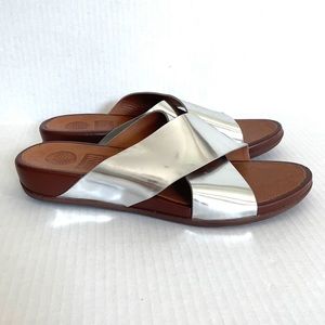 Fit Flop Women's Slide Silver Cross Strap Sandals Metallic Leather Lining Size 7